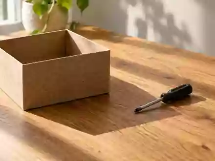 Ein aufgeräumter Arbeitsplatz mit einer leeren Aufbewahrungsbox aus Papier und einem kleinen Schraubendreher auf einem Holztisch. - Foto: über boerse-global.de