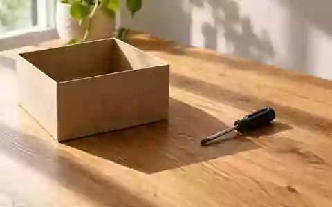 Ein aufgeräumter Arbeitsplatz mit einer leeren Aufbewahrungsbox aus Papier und einem kleinen Schraubendreher auf einem Holztisch. - Foto: über boerse-global.de