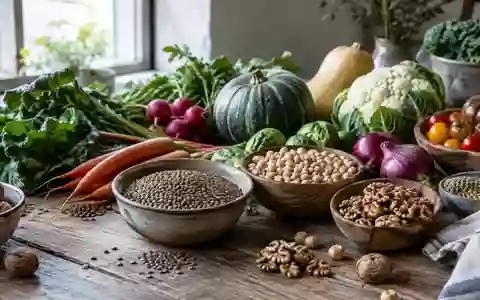 Nahaufnahme von verschiedenen Hülsenfrüchten, Nüssen und frischem Gemüse auf einem rustikalen Holztisch. - Foto: über boerse-global.de