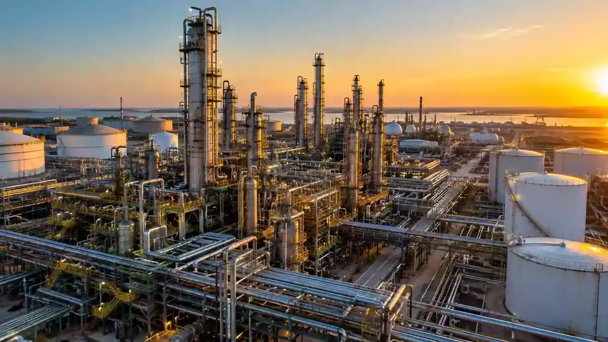 Moderne petrochemische Industrieanlage bei Sonnenuntergang mit komplexen Rohrleitungen und Destillationstürmen. Illustration mit AI erstellt.
