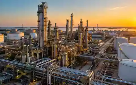 Moderne petrochemische Industrieanlage bei Sonnenuntergang mit komplexen Rohrleitungen und Destillationstürmen. - Foto: über boerse-global.de