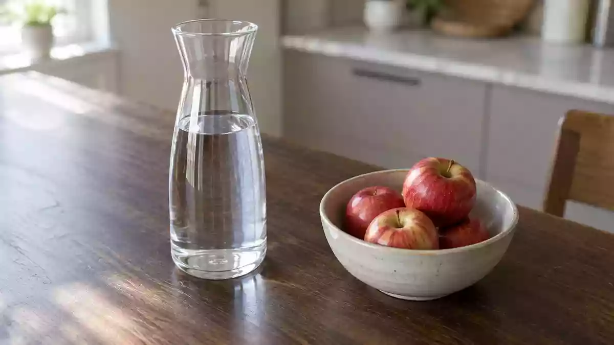 Ein Glas Wasser und eine Schale mit frischen Äpfeln auf einem Holztisch in einer hellen Küche. Illustration mit AI erstellt.