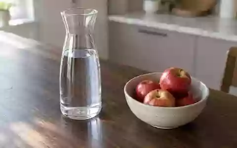 Ein Glas Wasser und eine Schale mit frischen Äpfeln auf einem Holztisch in einer hellen Küche. - Foto: über boerse-global.de