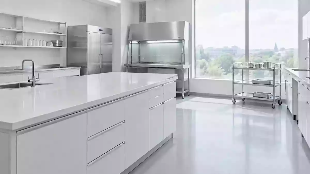 Ein minimalistisch gestalteter, steriler Laborraum mit medizinischer Ausstattung in einer hellen, professionellen Umgebung. Illustration mit AI erstellt.