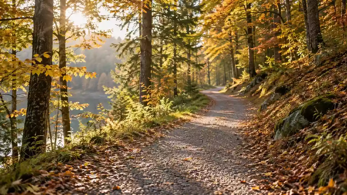 Ein von der Sonne beleuchteter Waldweg im Herbst, der zu ausgedehnten Spaziergängen einlädt. Illustration mit AI erstellt.