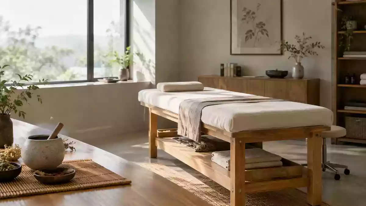 Ein minimalistischer, heller Behandlungsraum in einer Klinik mit einer hölzernen Therapieliege und schlichten Naturmaterialien. Illustration mit AI erstellt.