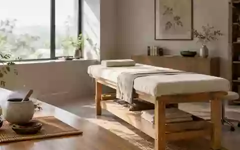 Ein minimalistischer, heller Behandlungsraum in einer Klinik mit einer hölzernen Therapieliege und schlichten Naturmaterialien. - Foto: über boerse-global.de