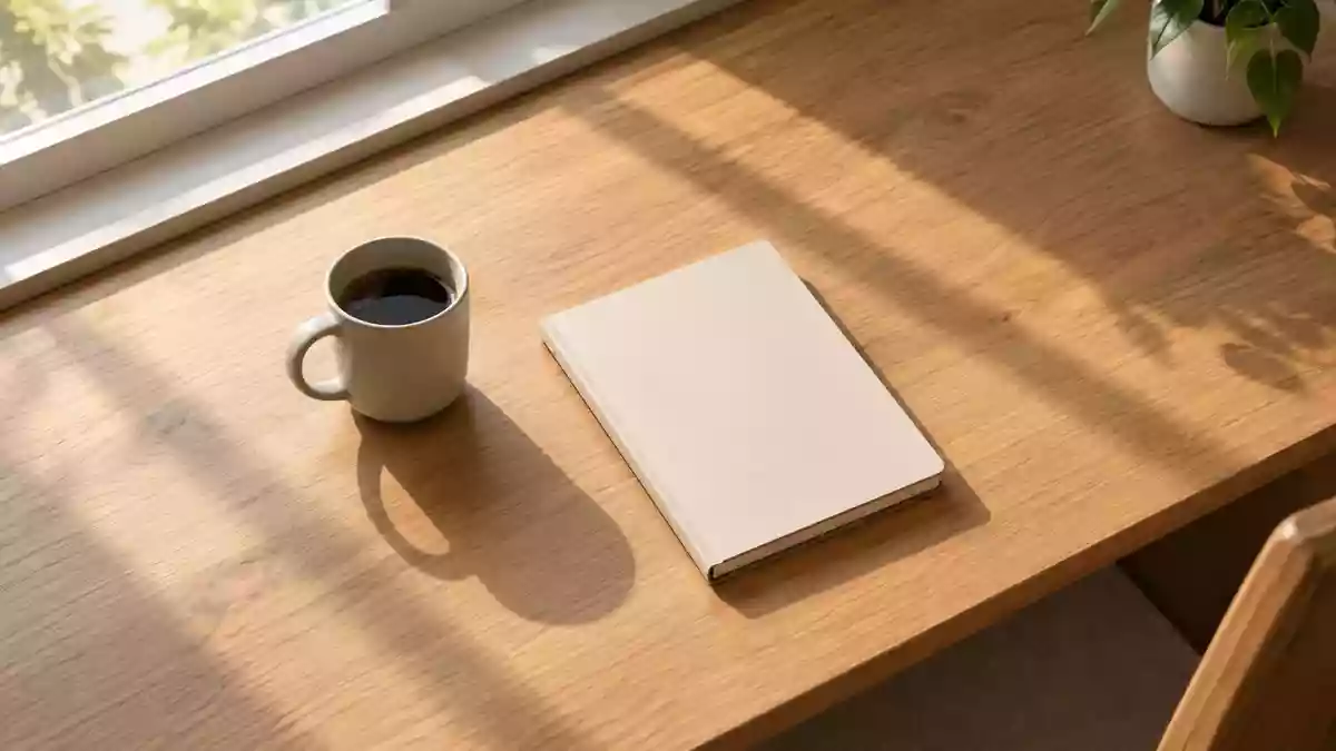 Ein minimalistischer, leerer Schreibtisch am Fenster mit einer Kaffeetasse und einem leeren Notizbuch bei natürlichem Licht. Illustration mit AI erstellt.