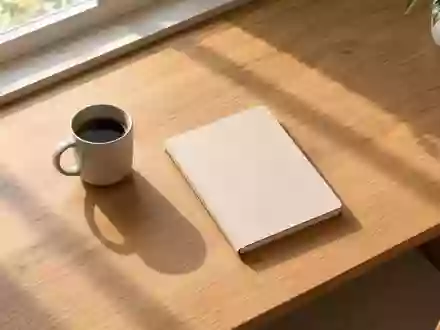 Ein minimalistischer, leerer Schreibtisch am Fenster mit einer Kaffeetasse und einem leeren Notizbuch bei natürlichem Licht. - Foto: über boerse-global.de