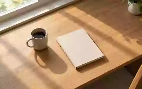 Ein minimalistischer, leerer Schreibtisch am Fenster mit einer Kaffeetasse und einem leeren Notizbuch bei natürlichem Licht. - Foto: über boerse-global.de