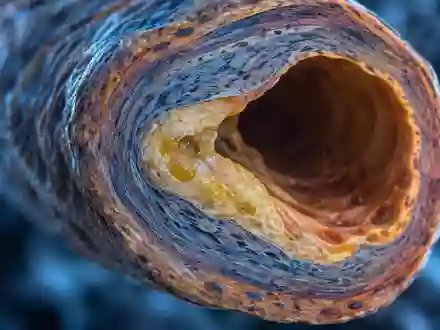 Mikroskopische Nahaufnahme einer Arterie mit Anzeichen von Gefäßveränderungen und Plaquebildung. - Foto: über boerse-global.de