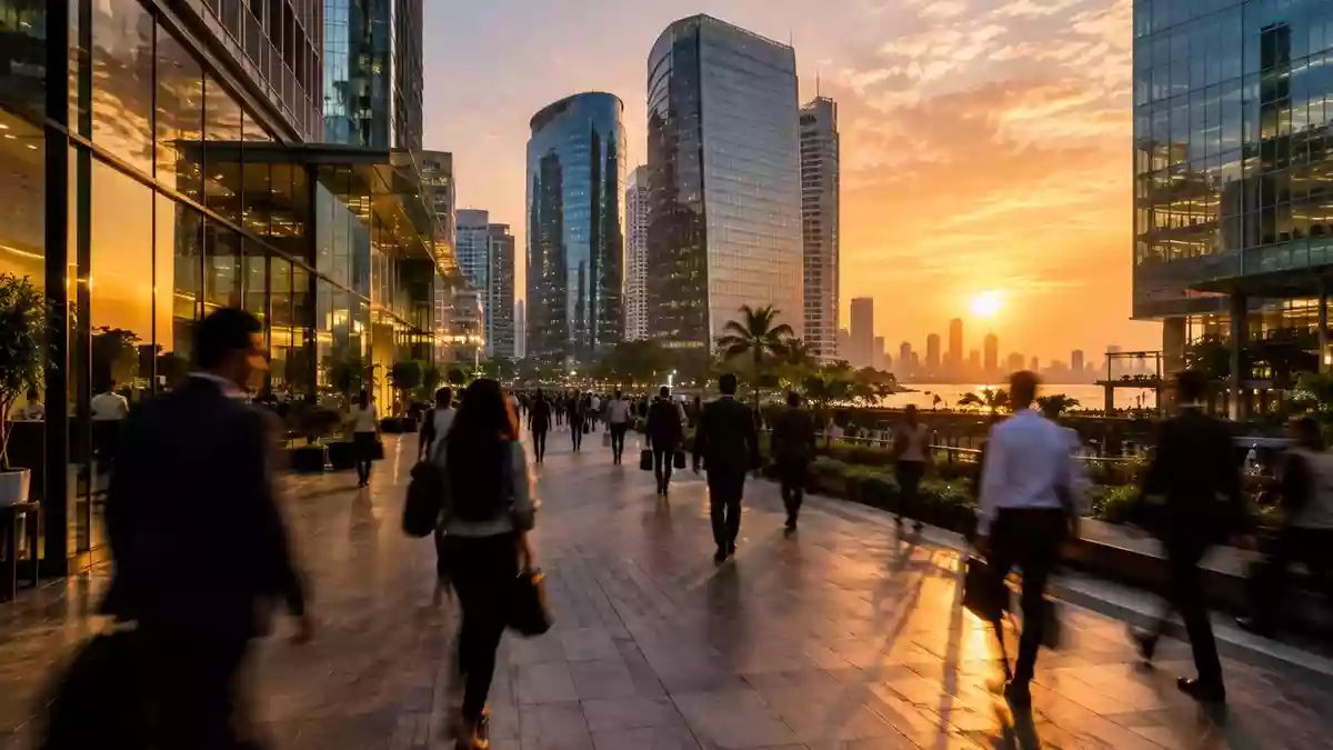 Blick auf ein modernes Geschäftsviertel in Mumbai bei Sonnenuntergang mit verschwommenen Silhouetten von Geschäftsleuten. Illustration mit AI erstellt.