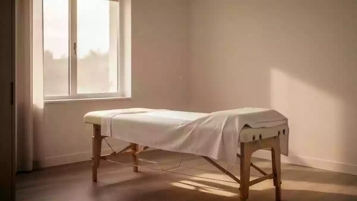 Ein minimalistischer, heller Behandlungsraum in einer orthopädischen Praxis mit einer Therapieliege und natürlichem Licht. Illustration mit AI erstellt.