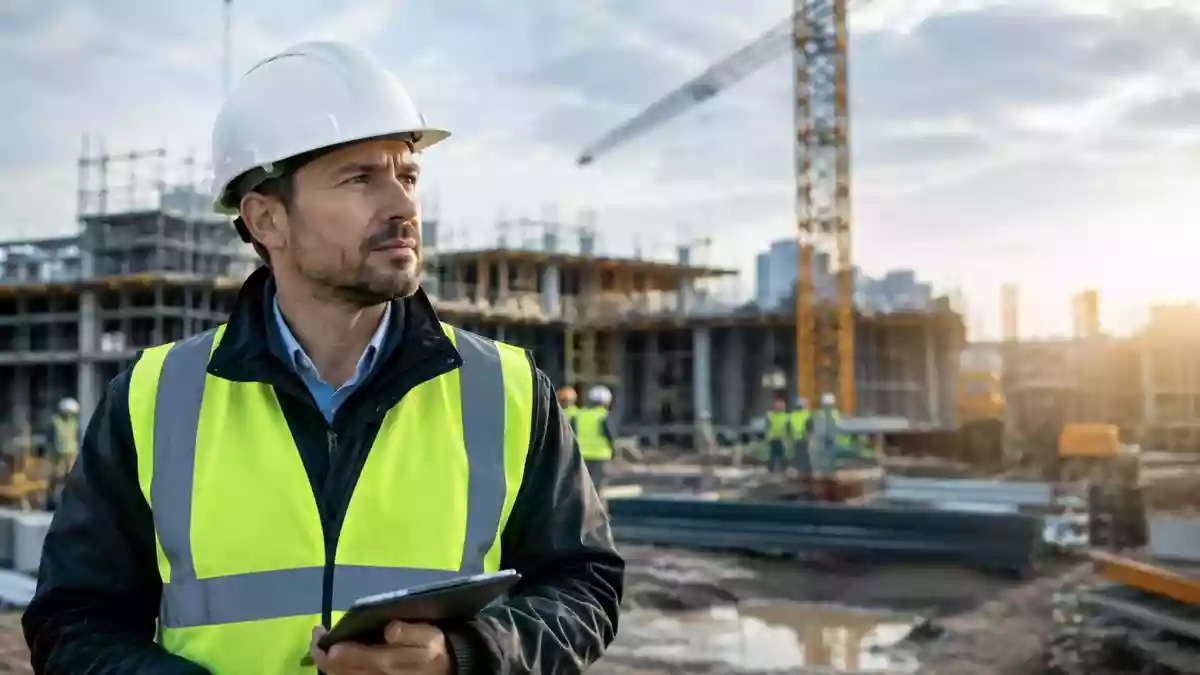 Ein besorgter Bauleiter auf einer Baustelle vor einem verschwommenen Hintergrund bei Tageslicht. Illustration mit AI erstellt.