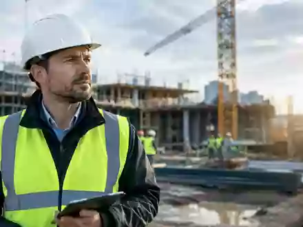 Ein besorgter Bauleiter auf einer Baustelle vor einem verschwommenen Hintergrund bei Tageslicht. - Foto: über boerse-global.de
