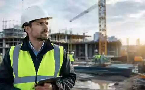 Ein besorgter Bauleiter auf einer Baustelle vor einem verschwommenen Hintergrund bei Tageslicht. - Foto: über boerse-global.de
