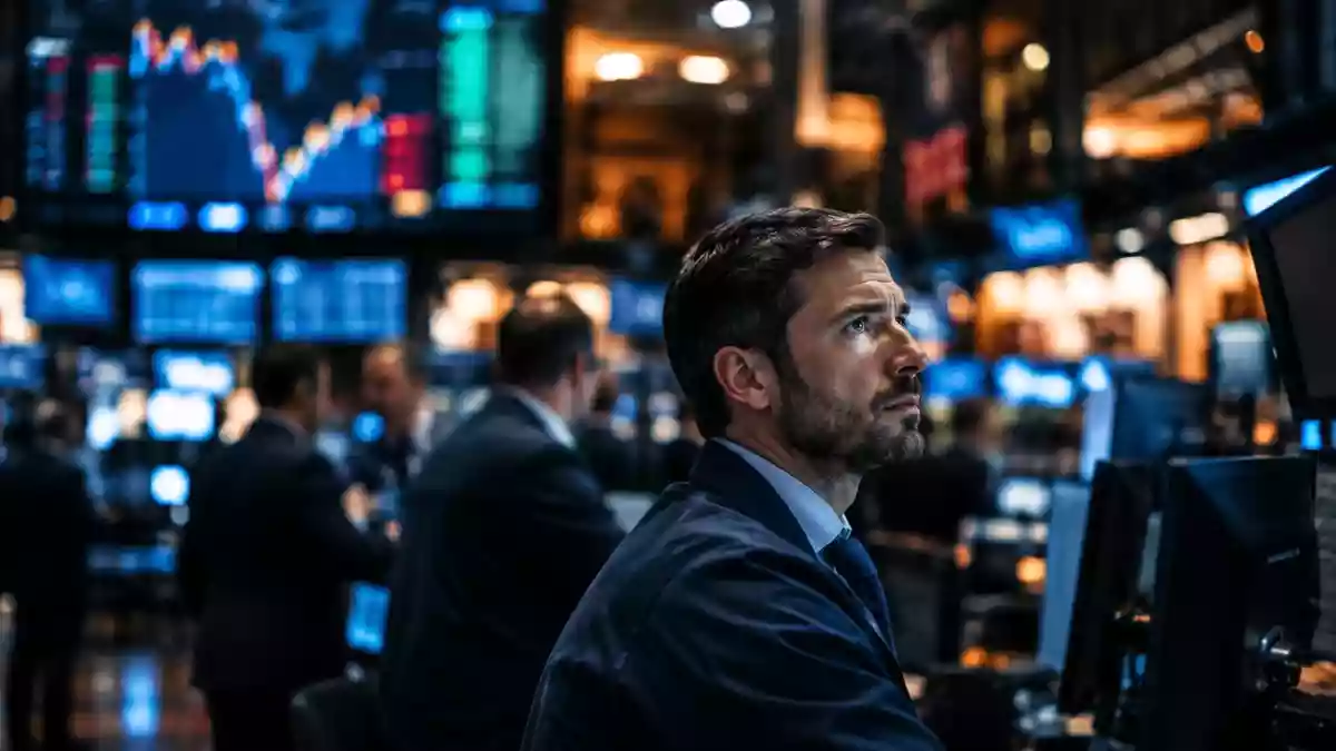 Ein verschwommener Börsenhandelssaal mit Fokus auf einer modernen, professionellen Finanzumgebung. Illustration mit AI erstellt.
