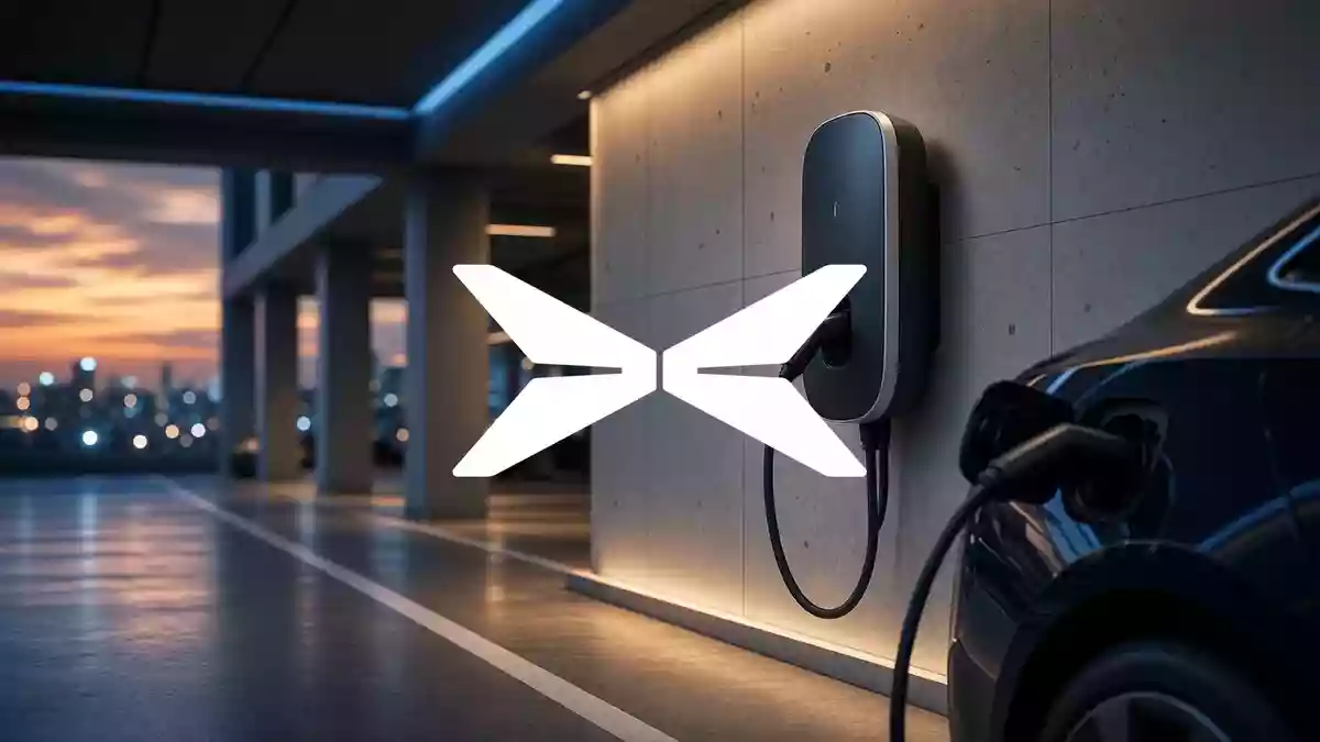 Modernes Elektroauto an einer Ladestation in einer urbanen Umgebung bei Dämmerung. Illustration mit AI erstellt.