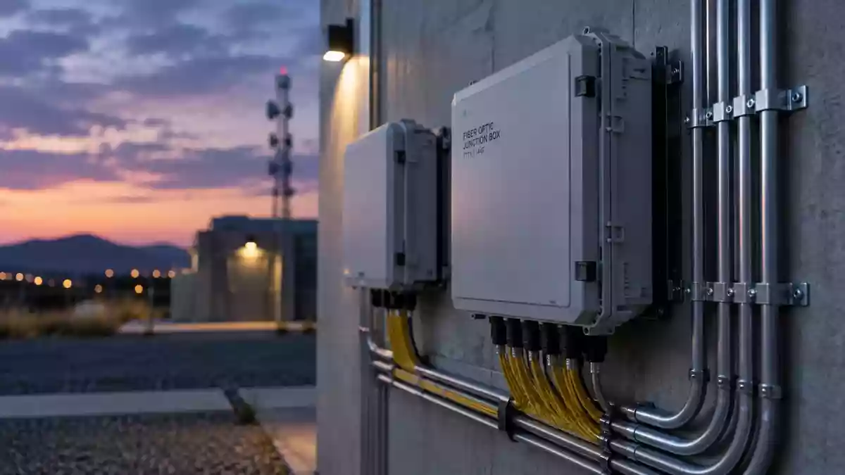 Moderne Telekommunikations-Infrastruktur mit Glasfaserverteilern an einer Betonwand bei Dämmerlicht. Illustration mit AI erstellt.