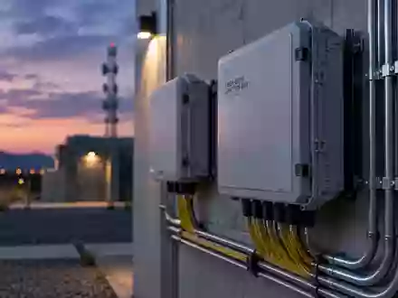 Moderne Telekommunikations-Infrastruktur mit Glasfaserverteilern an einer Betonwand bei Dämmerlicht. - Foto: über boerse-global.de