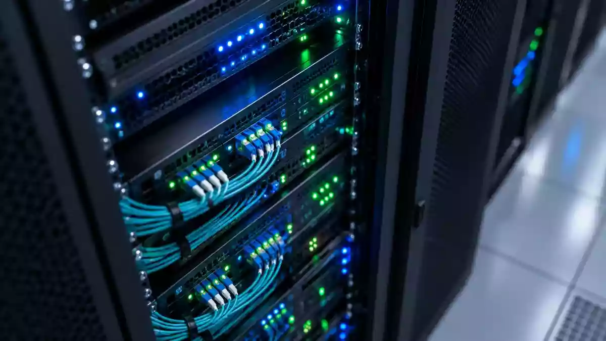 Nahaufnahme von technischer Infrastruktur in einem Serverraum mit leuchtenden Status-Anzeigen. Illustration mit AI erstellt.