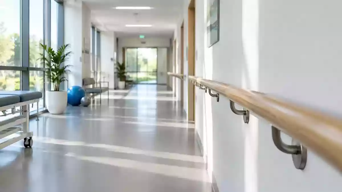 Ein heller, minimalistischer Flur in einer medizinischen Einrichtung mit einem hölzernen Handlauf an der Wand. Illustration mit AI erstellt.