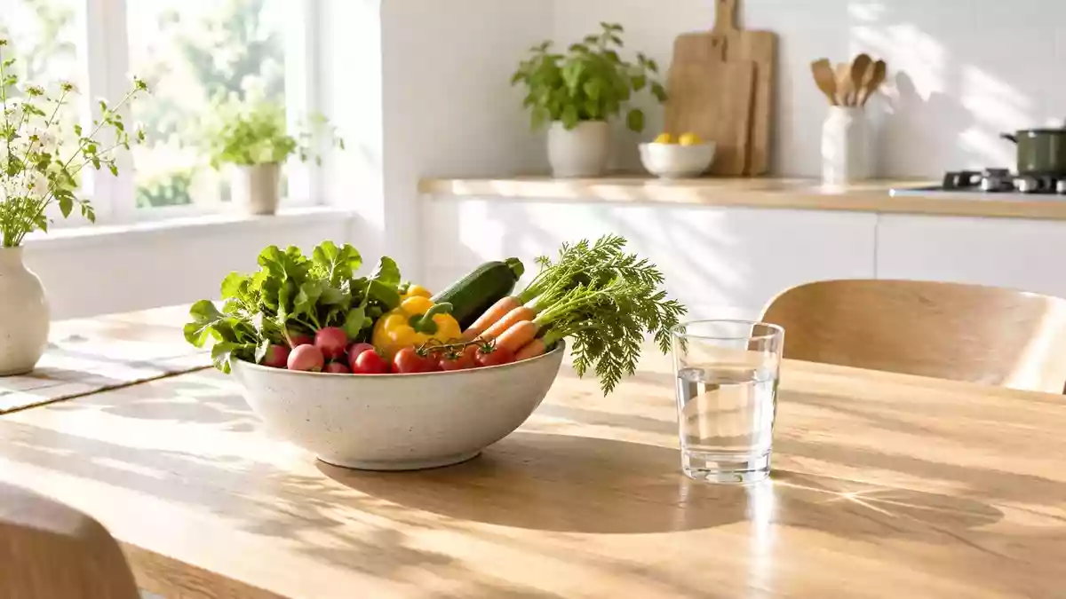 Ein heller, minimalistischer Küchentisch mit frischem Gemüse und einem Glas Wasser als Symbol für gesunde Ernährung. Illustration mit AI erstellt.