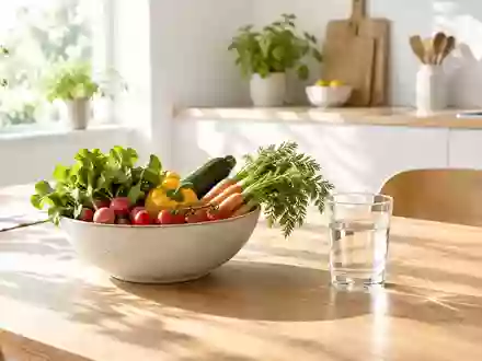 Ein heller, minimalistischer Küchentisch mit frischem Gemüse und einem Glas Wasser als Symbol für gesunde Ernährung. - Foto: über boerse-global.de