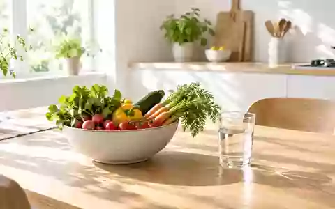 Ein heller, minimalistischer Küchentisch mit frischem Gemüse und einem Glas Wasser als Symbol für gesunde Ernährung. - Foto: über boerse-global.de