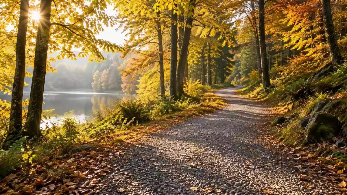 Ein friedlicher, sonnendurchfluteter Parkweg in einem Wald im Herbst, der für einen gesunden Lebensstil und Prävention steht. Illustration mit AI erstellt.
