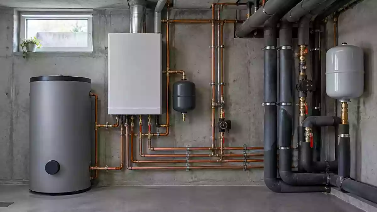 Nahaufnahme von Kupferrohren und Isolierungen einer modernen Heizungsanlage in einem Kellerraum. Illustration mit AI erstellt.