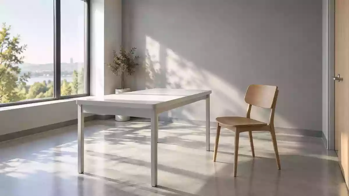 Ein minimalistischer, heller Untersuchungsraum mit einem Holztisch und einem Stuhl vor einer grauen Wand bei Tageslicht. Illustration mit AI erstellt.