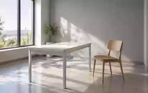 Ein minimalistischer, heller Untersuchungsraum mit einem Holztisch und einem Stuhl vor einer grauen Wand bei Tageslicht. - Foto: über boerse-global.de