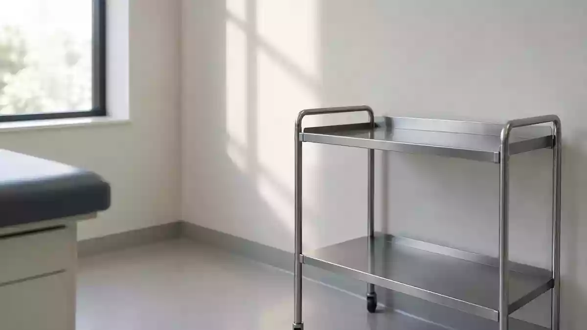 Ein minimalistischer, leerer Behandlungsraum in einem hellen, klinischen Umfeld mit neutralen Farben und weichem Lichteinfall. Illustration mit AI erstellt.