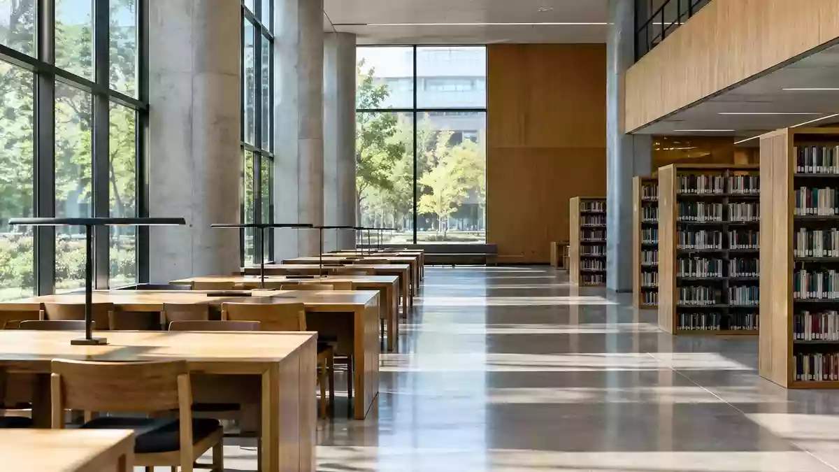 Ein heller, leerer Lernraum in einer modernen Universitätsbibliothek mit Holztischen und natürlichem Lichteinfall. Illustration mit AI erstellt.