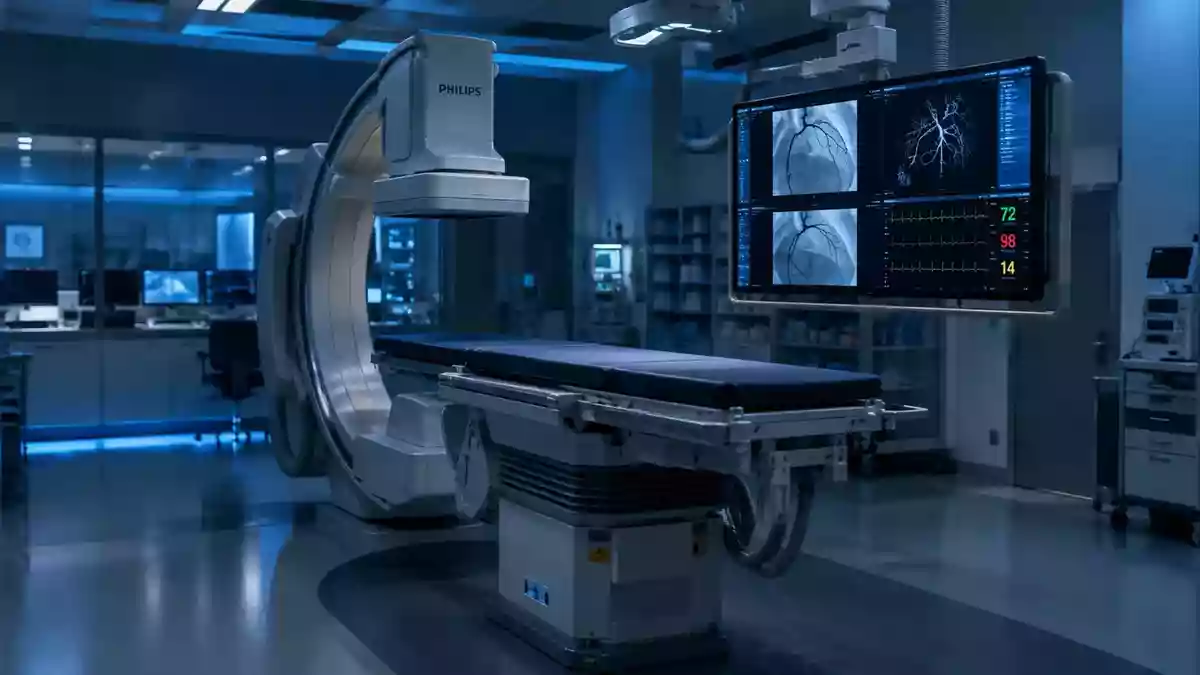 Ein steriler, modern ausgestatteter Katheterlabor-Raum in einem Krankenhaus mit medizinischer Technik im Hintergrund. Illustration mit AI erstellt.