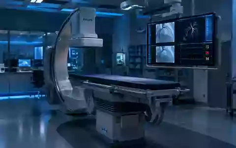 Ein steriler, modern ausgestatteter Katheterlabor-Raum in einem Krankenhaus mit medizinischer Technik im Hintergrund. - Foto: über boerse-global.de