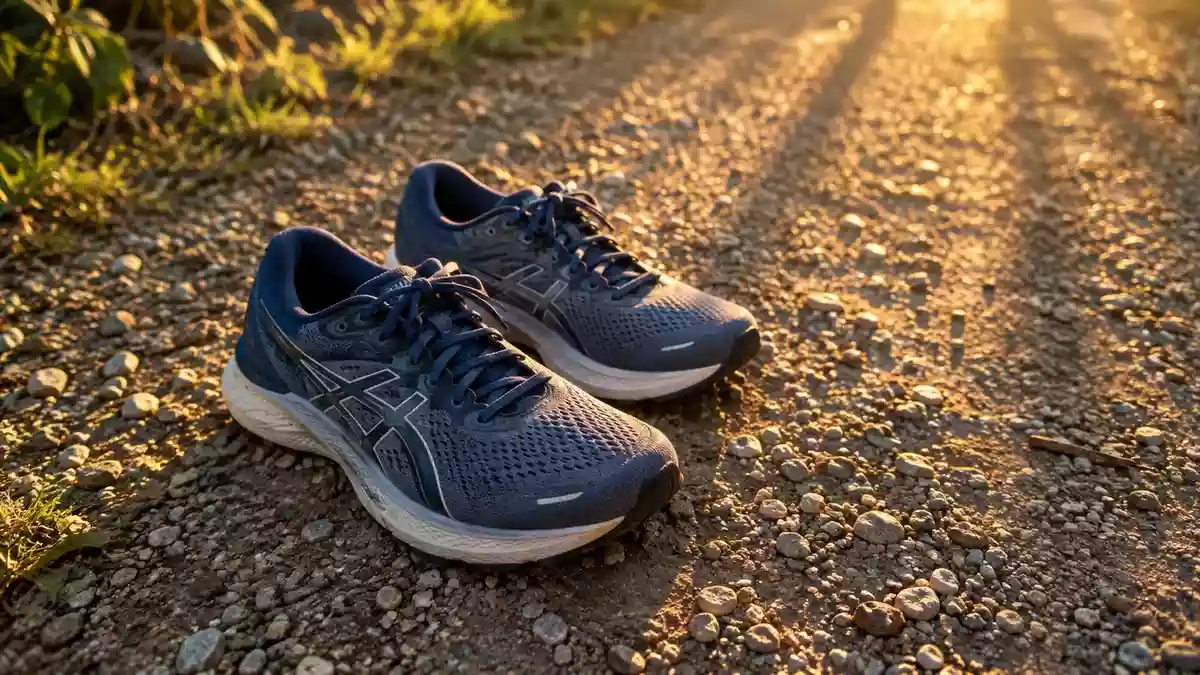 Ein Paar Sportschuhe auf einem Kiesweg in der Abendsonne als Symbol für körperliche Aktivität und Prävention. Illustration mit AI erstellt.