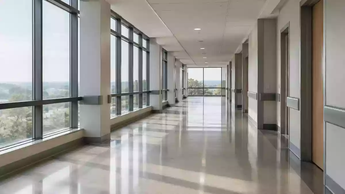 Ein leerer, modern gestalteter Krankenhausflur mit natürlichem Lichteinfall und minimalistischer Architektur. Illustration mit AI erstellt.