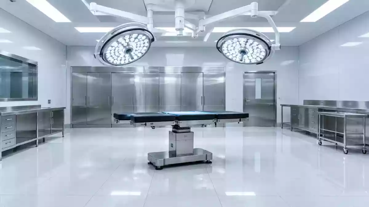 Ein leerer, steriler Operationssaal mit moderner Beleuchtung und glatten Oberflächen in einer Klinik. Illustration mit AI erstellt.