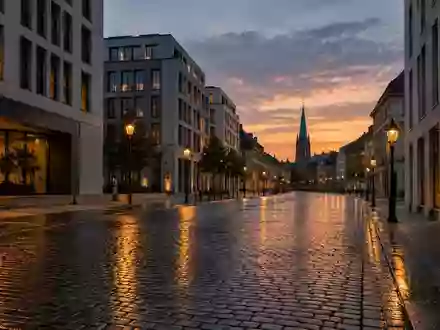 Eine leere, modern gestaltete Stadtstraße in der Dämmerung mit Kopfsteinpflaster und architektonischen Fassaden. - Foto: über boerse-global.de