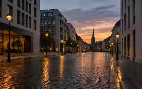Eine leere, modern gestaltete Stadtstraße in der Dämmerung mit Kopfsteinpflaster und architektonischen Fassaden. - Foto: über boerse-global.de
