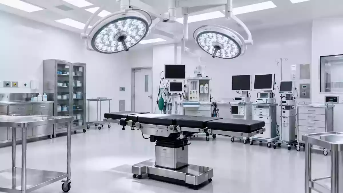 Modernes, steriles Operationssaal-Interieur mit medizinischer Beleuchtung und neutralen Oberflächen. Illustration mit AI erstellt.