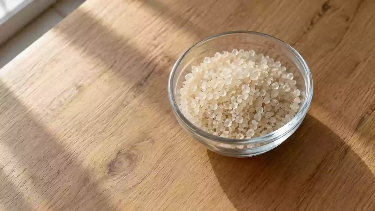 Ein minimalistischer Holztisch mit einer kleinen Glasschale, die mit kristallinen Körnchen gefüllt ist, bei natürlichem Licht. Illustration mit AI erstellt.