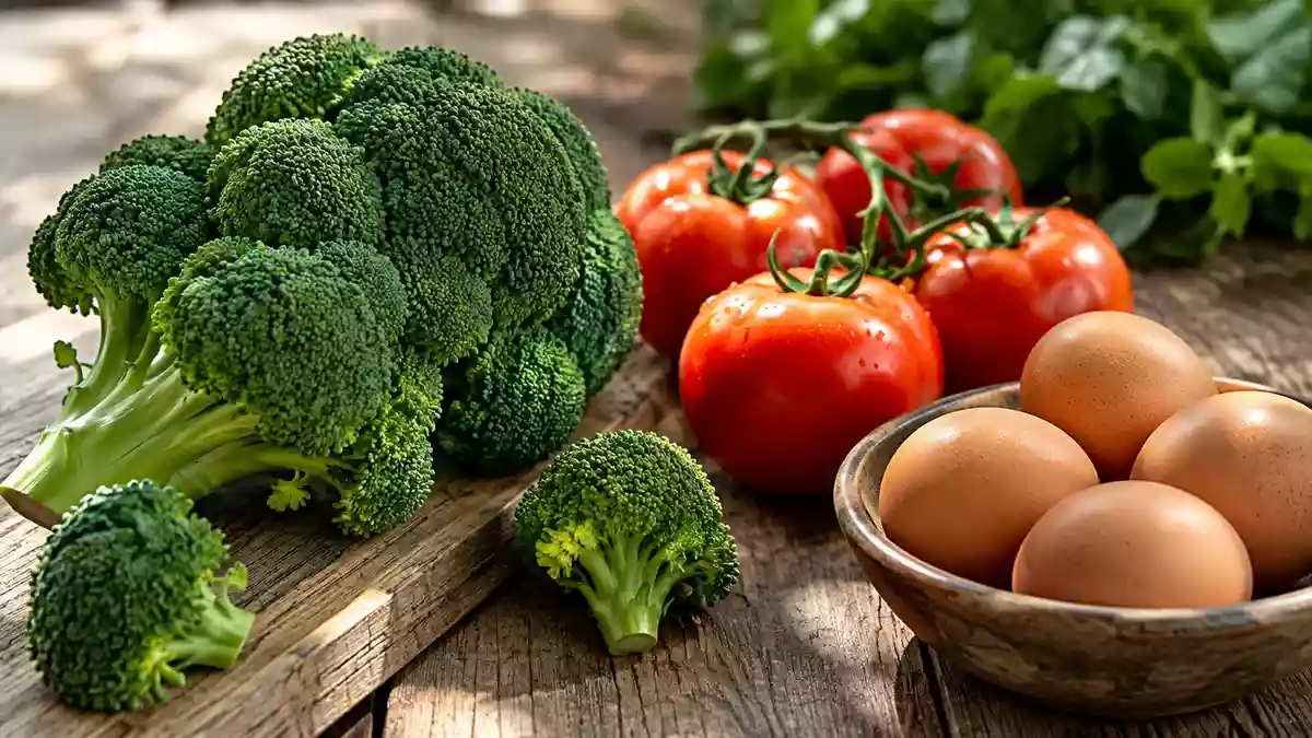 Frische, unverarbeitete Lebensmittel wie Brokkoli, Tomaten und Eier auf einem rustikalen Holztisch bei natürlichem Licht. Illustration mit AI erstellt.