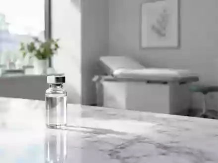 Ein minimalistisches, helles Behandlungszimmer mit einer gläsernen Phiole auf einer weißen Marmoroberfläche. - Foto: über boerse-global.de