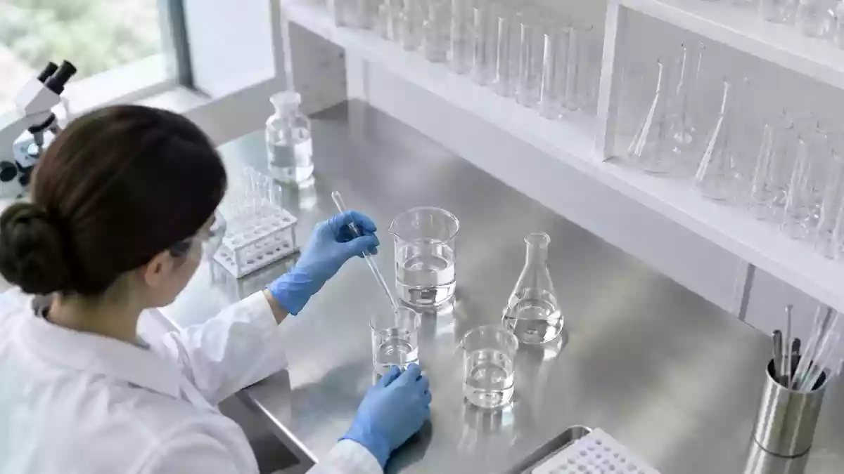 Laboratorium mit sterilen Glasgefäßen und Edelstahloberflächen in einer klinischen Forschungsumgebung. Illustration mit AI erstellt.