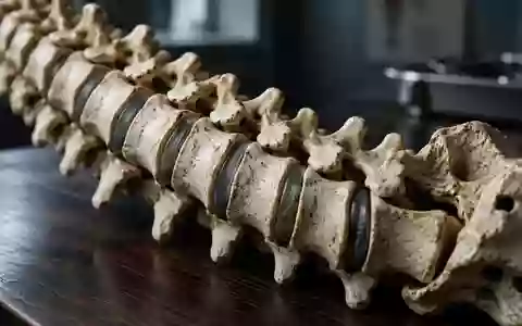 Ein medizinisches Modell der menschlichen Wirbelsäule auf einem dunklen Holztisch mit Fokus auf die Bandscheiben. - Foto: über boerse-global.de