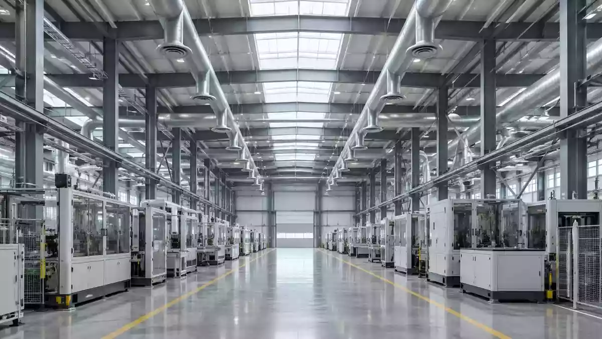 Eine weitläufige, moderne Industriehalle mit automatisierter Produktionstechnik und stählernen Strukturen. Illustration mit AI erstellt.