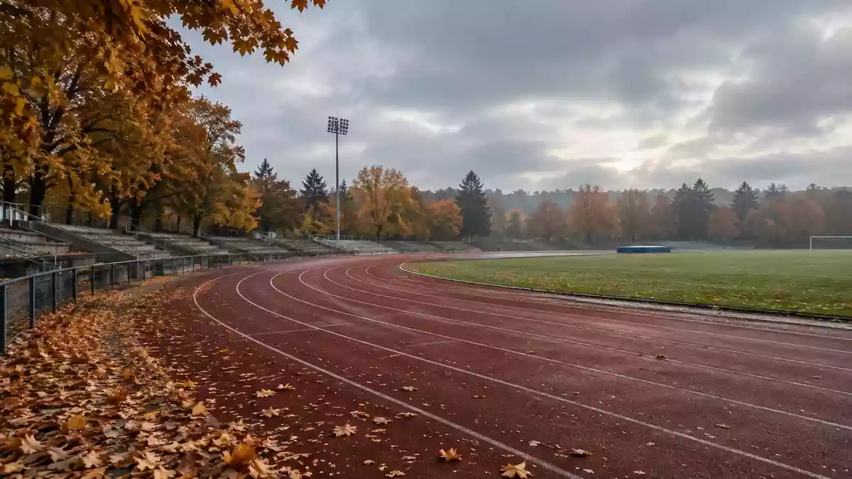Eine leere Laufbahn in einem Stadion an einem herbstlichen Tag mit buntem Laub auf dem Boden. Illustration mit AI erstellt.